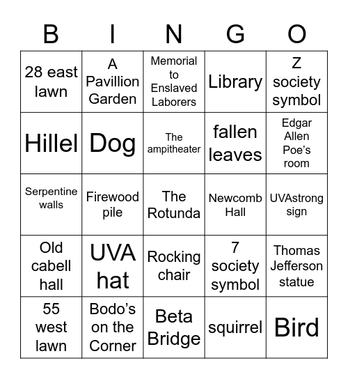 UVA Grounds Scavenger Hunt Bingo Card