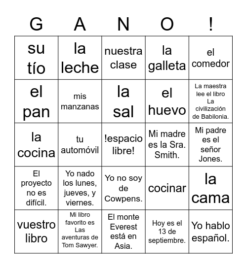Spanish 1 Review Bingo Card