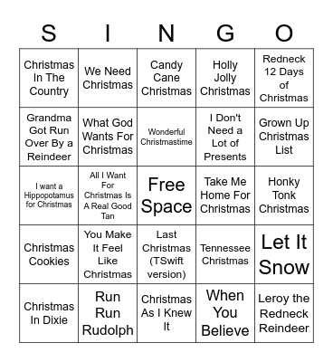 Country Christmas Singo Bingo Card