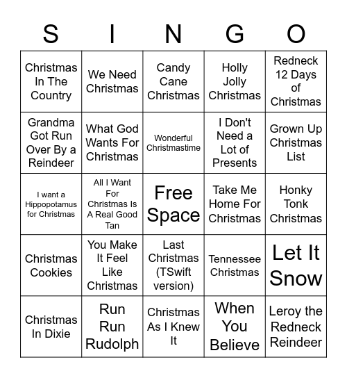 Country Christmas Singo Bingo Card