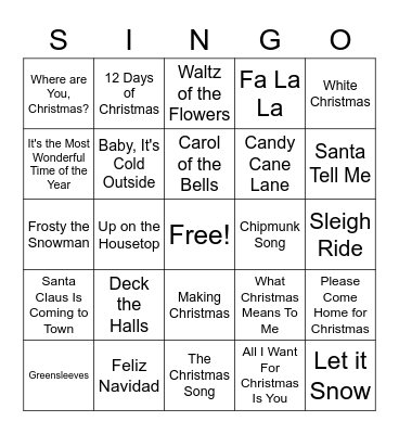 Pop Christmas Singo Bingo Card