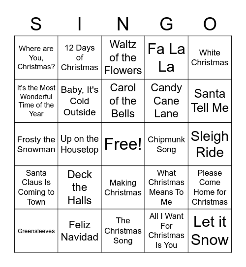 Pop Christmas Singo Bingo Card