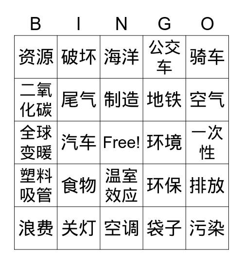 Y11Unit5 环境保护 Bingo Card