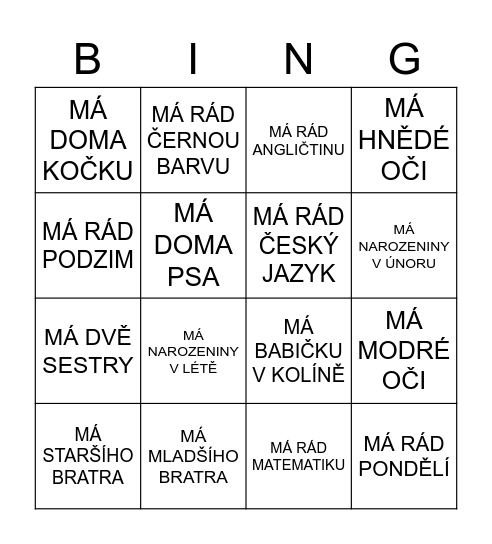 NAJDI NĚKOHO KDO Bingo Card