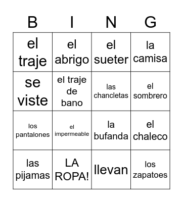 La Ropa Bingo Card