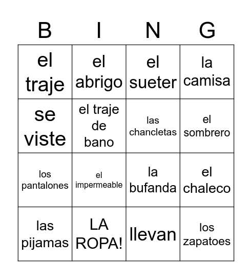 La Ropa Bingo Card