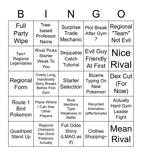 Pokemon Gen 9 Blind Playthrough Bingo Card