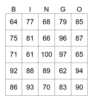 French Numbers 60-100 Bingo Card