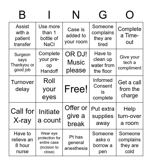 Perioperative Bingo Card