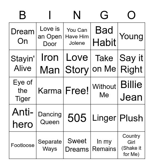 Song Bingo #7 (Block 1) Bingo Card