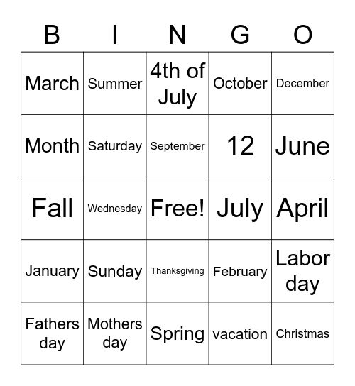 Calendar Bingo Card