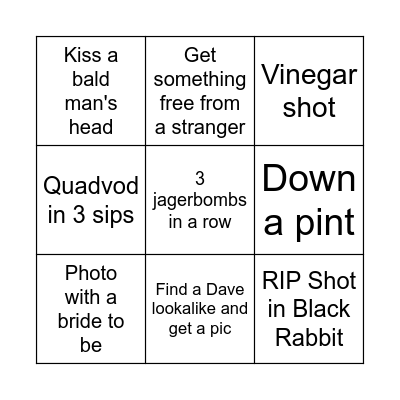 Ricey's Stag Do Bingo Card