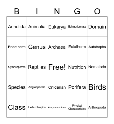 Classification Bingo Card