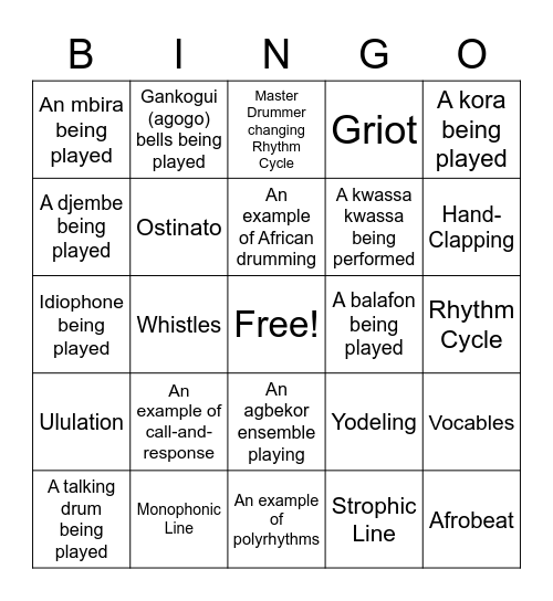 Listening Scavenger Hunt Bingo Card