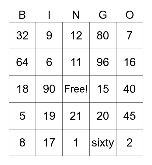 Numbers Bingo Card