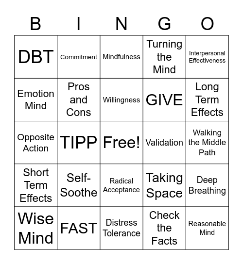 DBT Skills Bingo! Bingo Card
