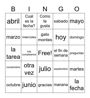 espanol Bingo Card