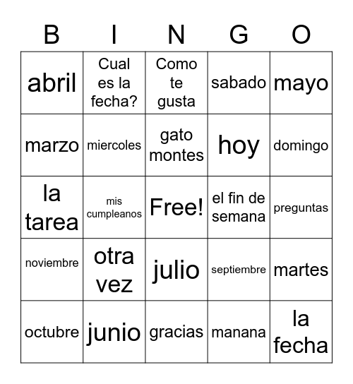 espanol Bingo Card