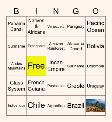 South America Bingo Card