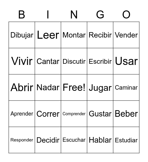 Present Tense Verbs Bingo Card
