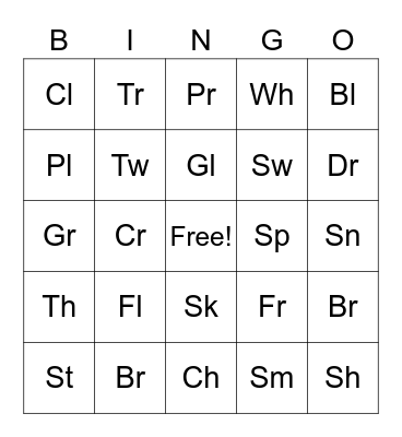 Consonant Cluster Bingo Card