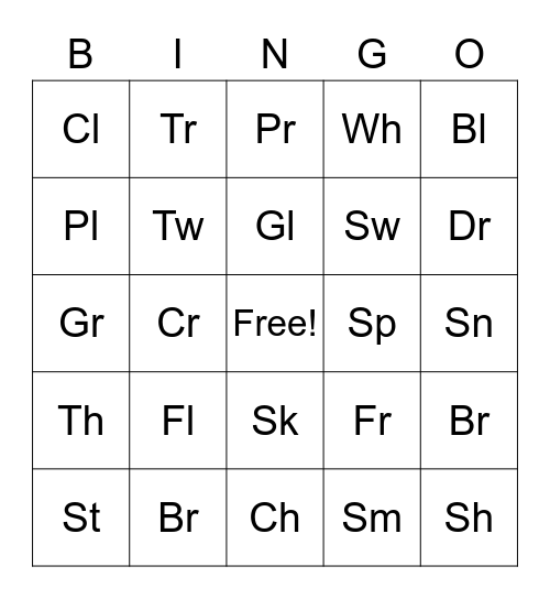 Consonant Cluster Bingo Card