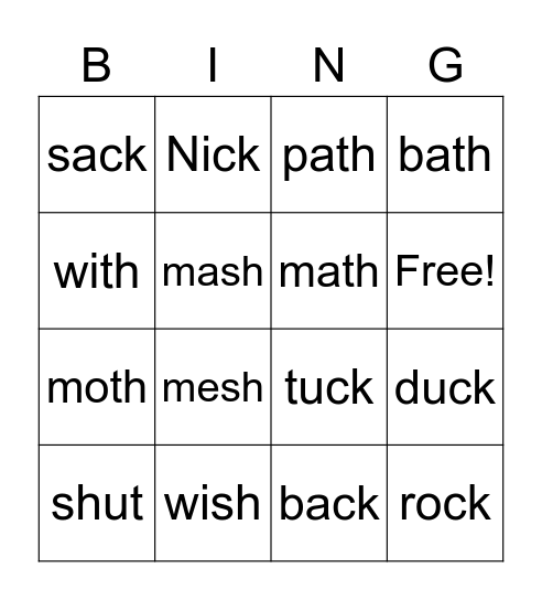 Diagraphs - ck, sh, th Bingo Card