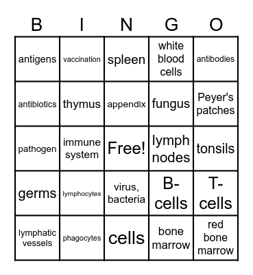 Immune System Bingo Card