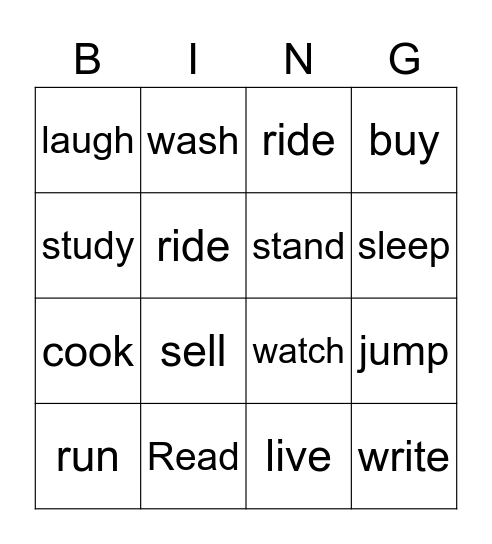 Verbs Bingo Card