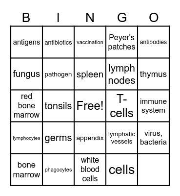 Immune System Bingo Card