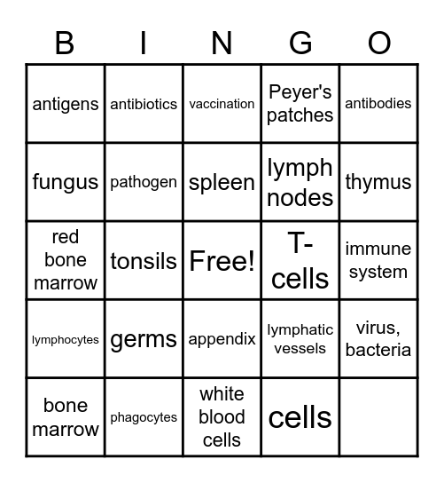 Immune System Bingo Card