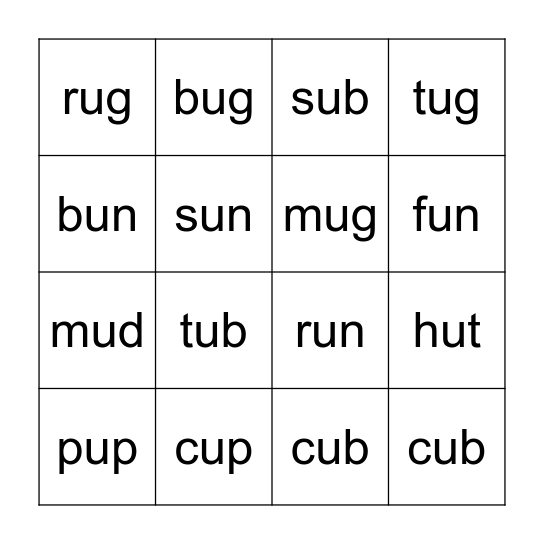 Short U CVC Bingo Card