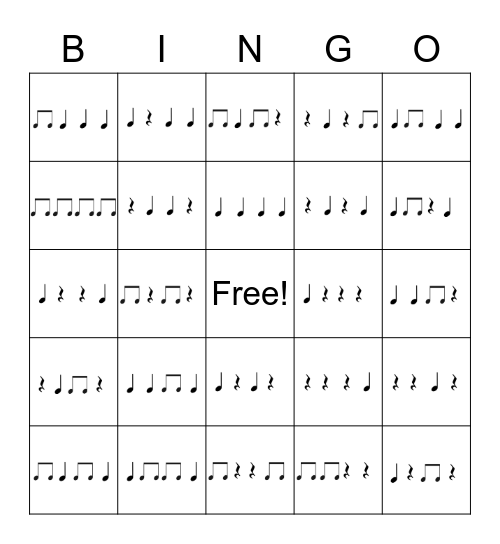 Rhythm Bingo Game 1 Bingo Card