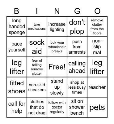 Falls Prevention Bingo Card
