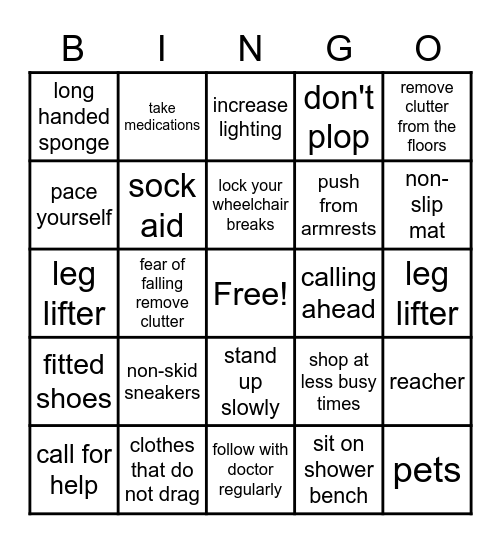 Falls Prevention Bingo Card
