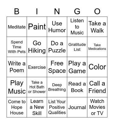 Positive Coping Skills Bingo Card
