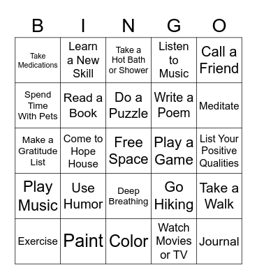 Positive Coping Skills Bingo Card