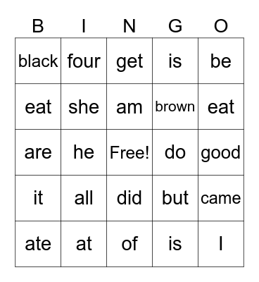 Sight Words Bingo Card