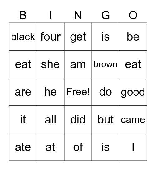 Sight Words Bingo Card