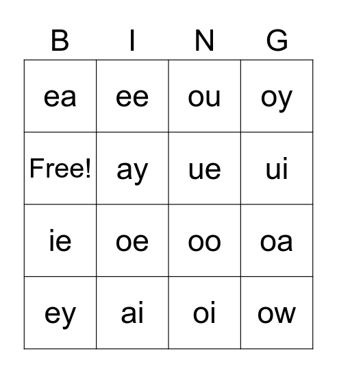 vowel Digraph Bingo Card