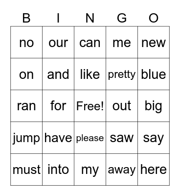 Sight Words Bingo Card