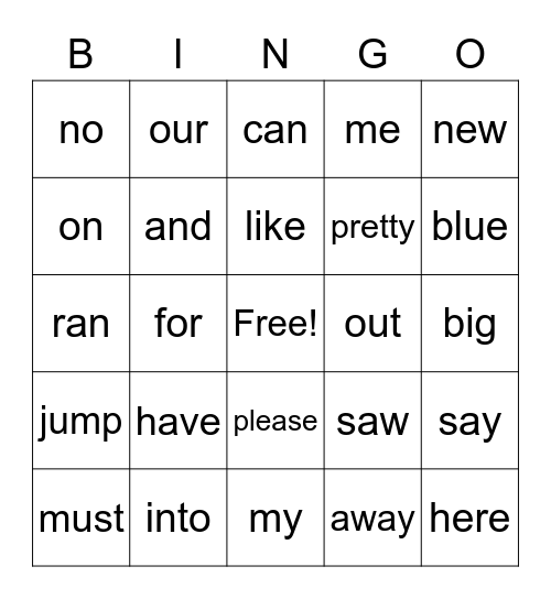 Sight Words Bingo Card