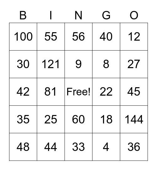 Multiplication Tables Bingo Card