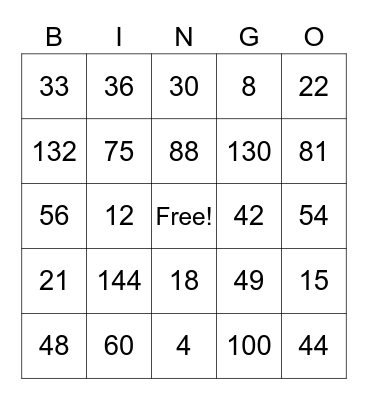 Gilchrist Multiplication Tables Bingo Card