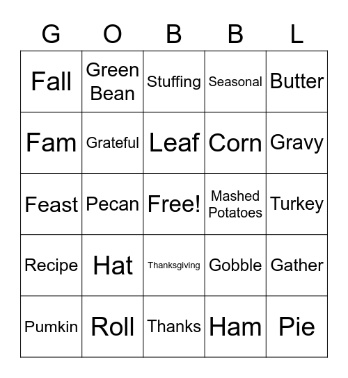 THANKSGIVING GOBBLE Bingo Card