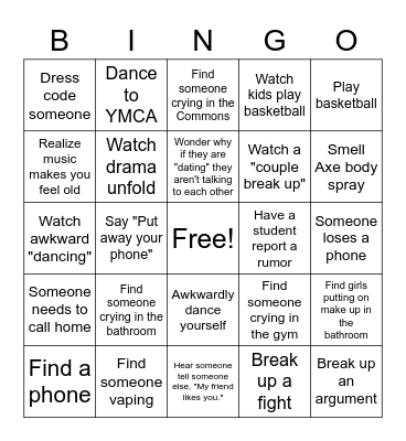 Middle school dance bingo Card