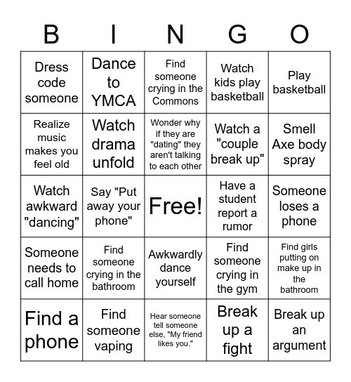 Middle school dance bingo Card