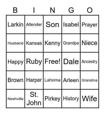Kahmeyer Family Bingo Card