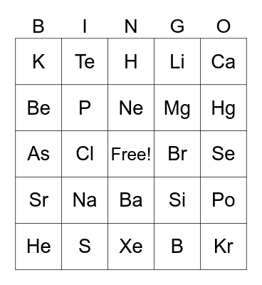 Periodic Trends Bingo Card