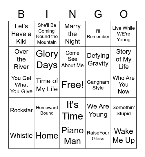 Glee Thanksgiving Bingo Card